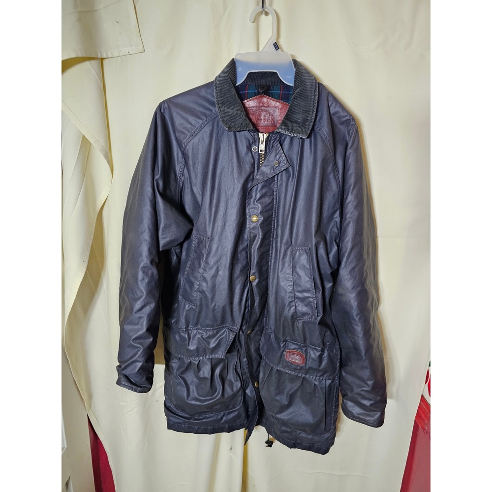 Woolrich Waxed Cotton Field Coat Medium Navy Blue Plaid Lined Corduroy Collar